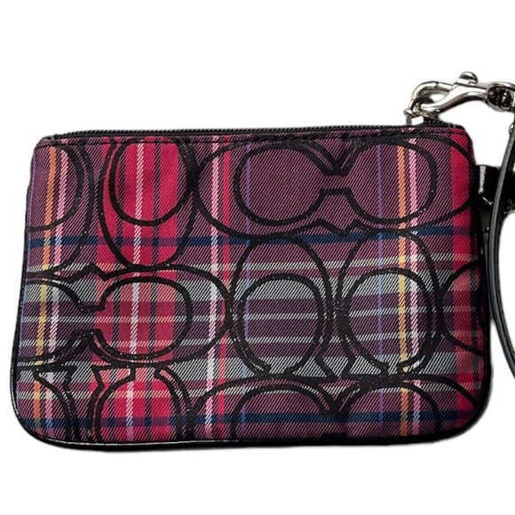 Coach Signature Logo Plaid Wristlet Clutch Purple Black Pink - Picture 4 of 8